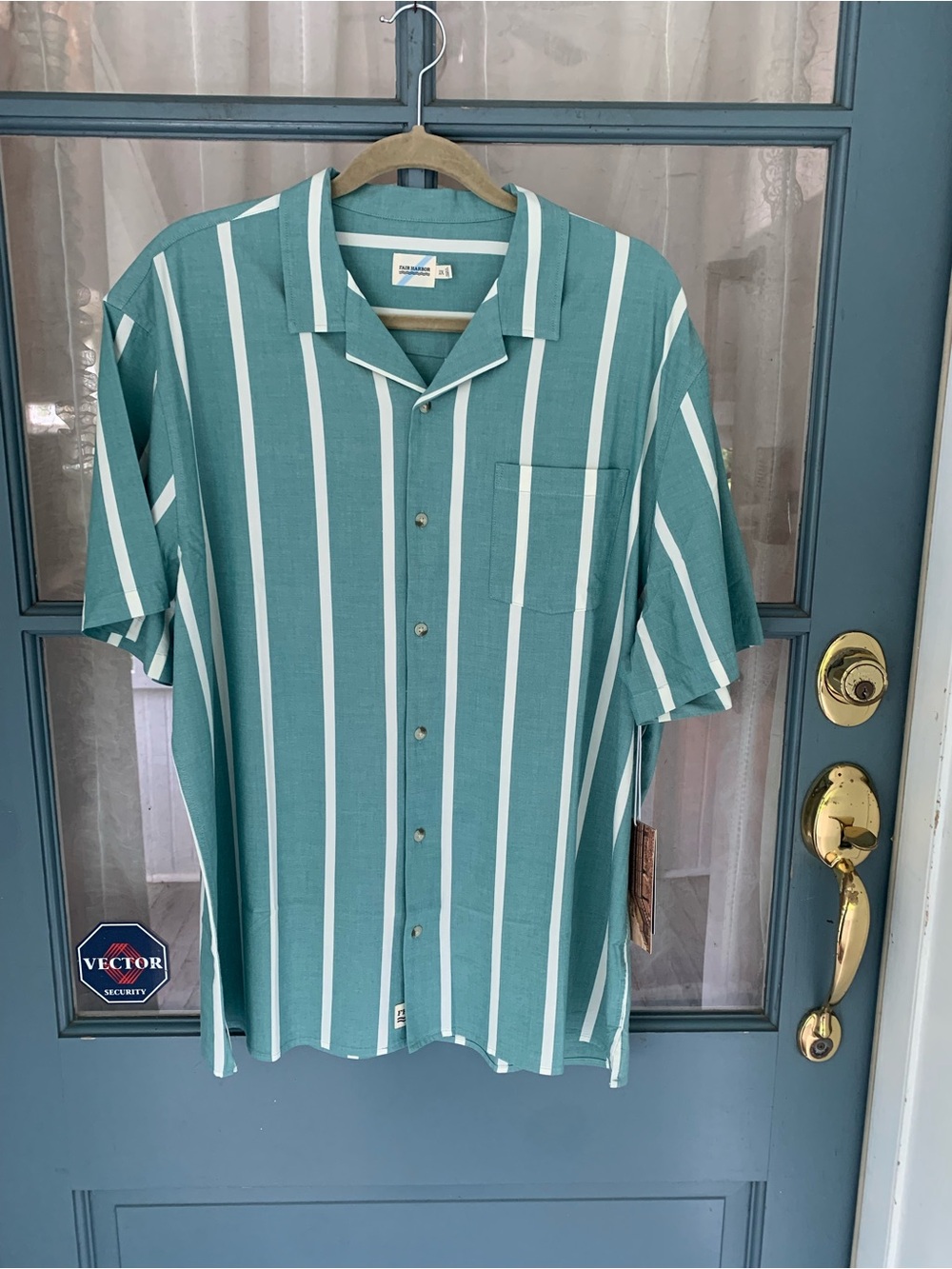 Fair Harbor Teal and White Vertical Stripe Short-Sleeve Shirt